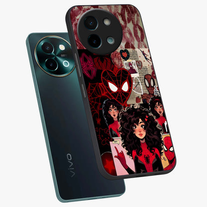 Spider Love Story Glass Case displayed in angled mockup highlighting expressive comic inspired design with playful aesthetic.