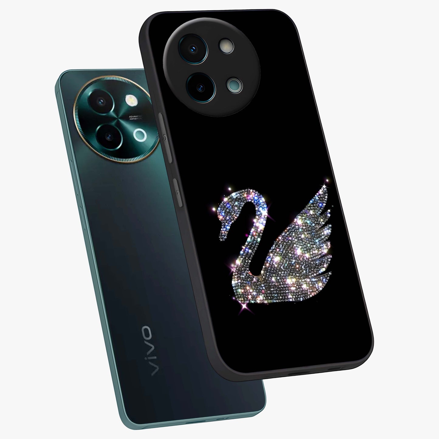 Starlit Swan Grace Glass Case displayed in angled mockup highlighting elegant swan illustration with dreamy celestial aesthetic.