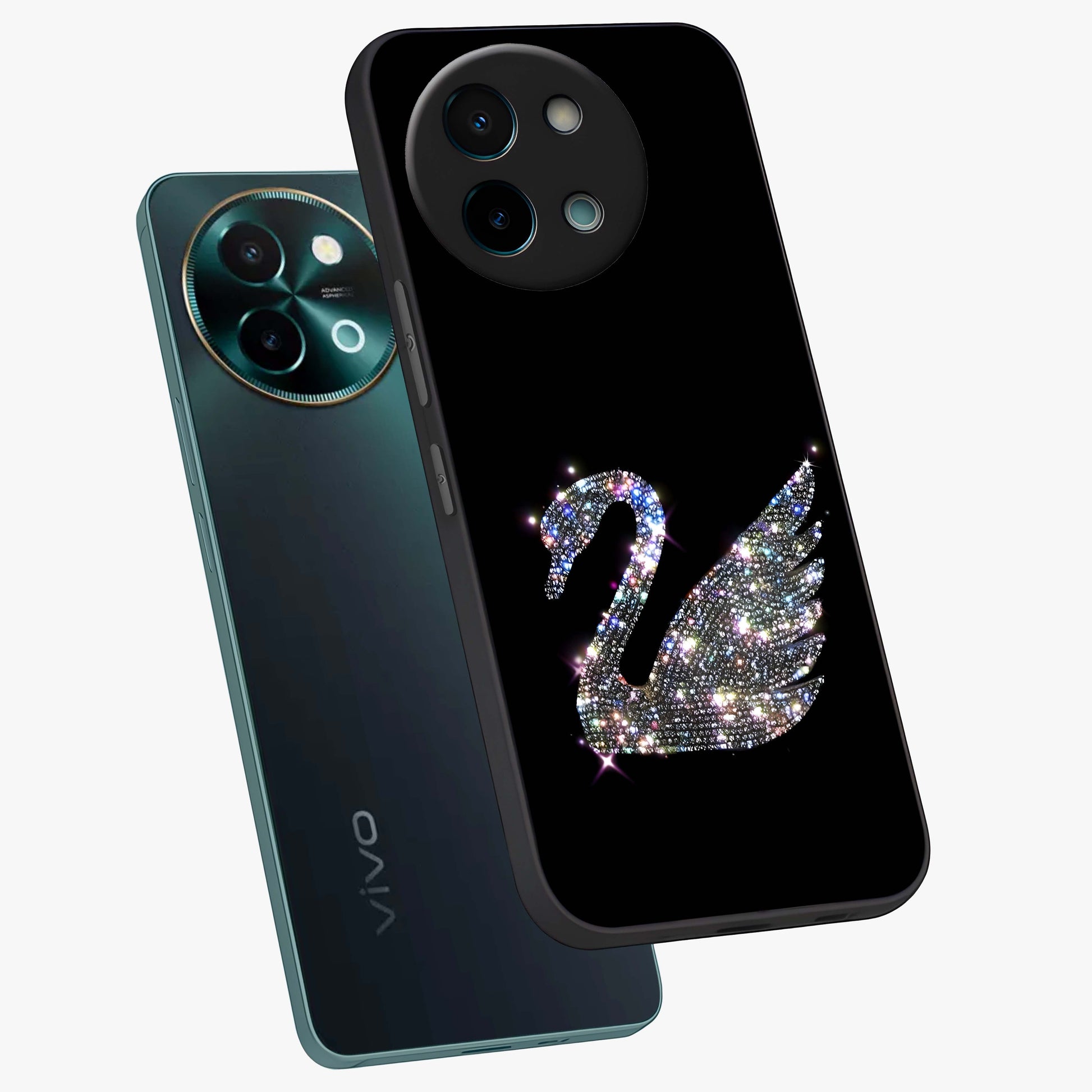 Starlit Swan Grace Glass Case displayed in angled mockup highlighting elegant swan illustration with dreamy celestial aesthetic.