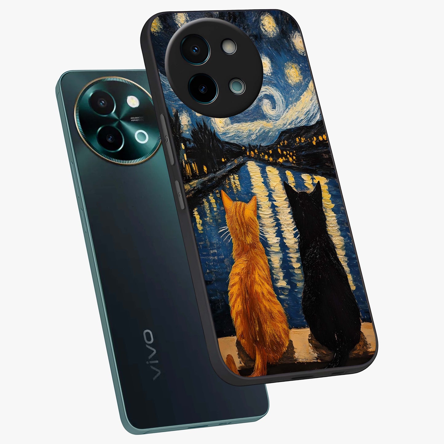 Starry River Cats Glass Case displayed in angled mockup highlighting charming feline illustration with dreamy night aesthetic.