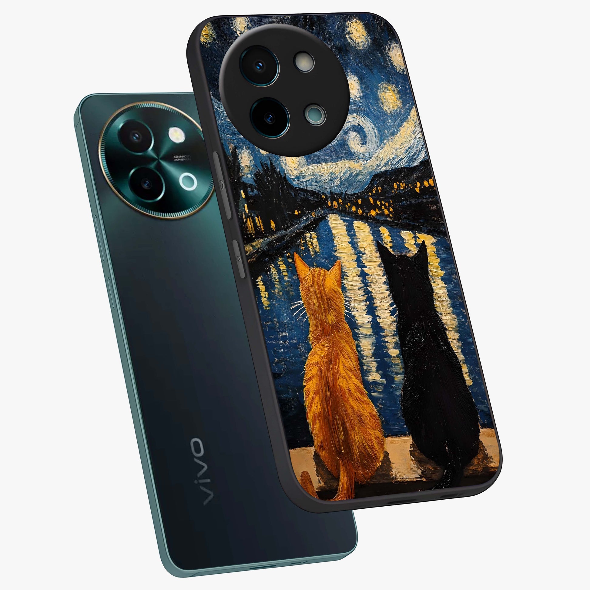 Starry River Cats Glass Case displayed in angled mockup highlighting charming feline illustration with dreamy night aesthetic.