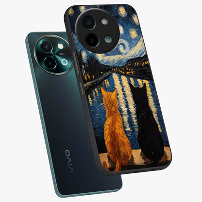 Starry River Cats Glass Case displayed in angled mockup highlighting charming feline illustration with dreamy night aesthetic.