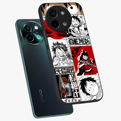 Strawhat Chaos Panels Glass Case displayed in angled mockup highlighting vibrant anime collage design with action aesthetic.