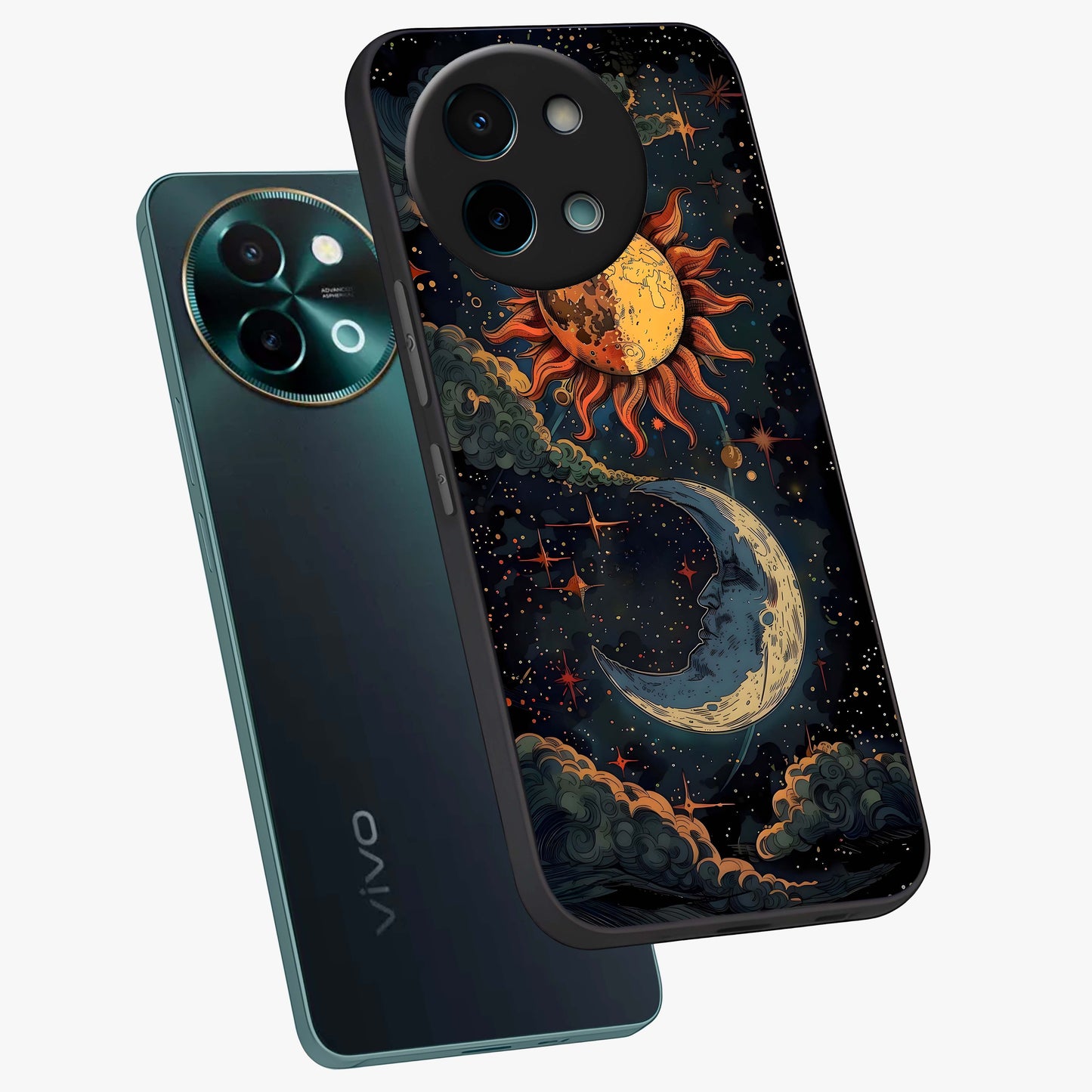 Sun And Moon Magic Design Glass Case displayed in angled mockup highlighting celestial design with magical cosmic aesthetic.