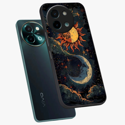 Sun And Moon Magic Design Glass Case displayed in angled mockup highlighting celestial design with magical cosmic aesthetic.