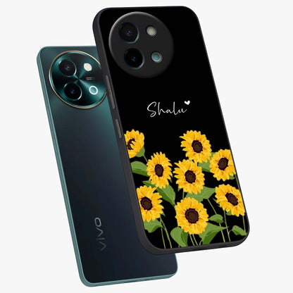 Sunflower Chic Mood Custom Name Glass Case displayed in angled mockup highlighting vibrant sunflower design with custom name feature.