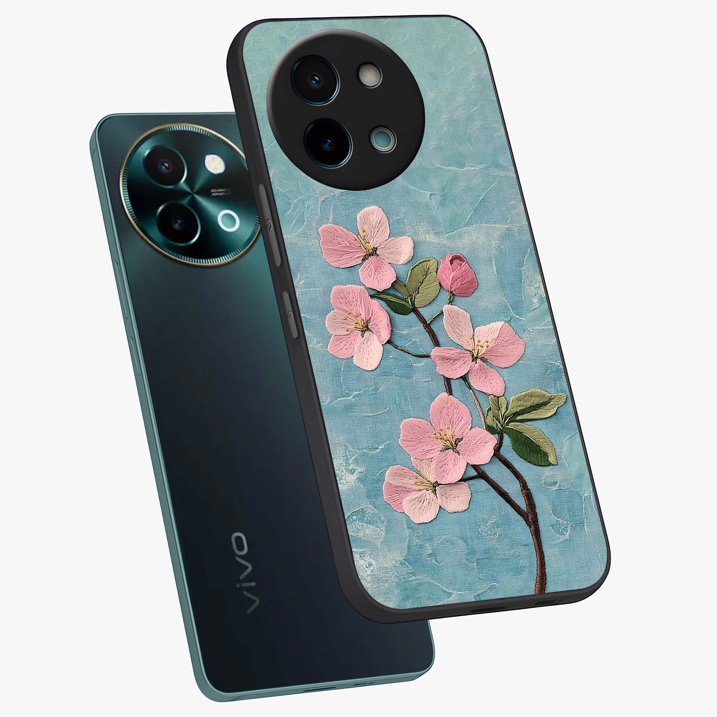 Threaded Blossom Breeze Glass Case displayed in angled mockup highlighting elegant floral design with soft aesthetic style.