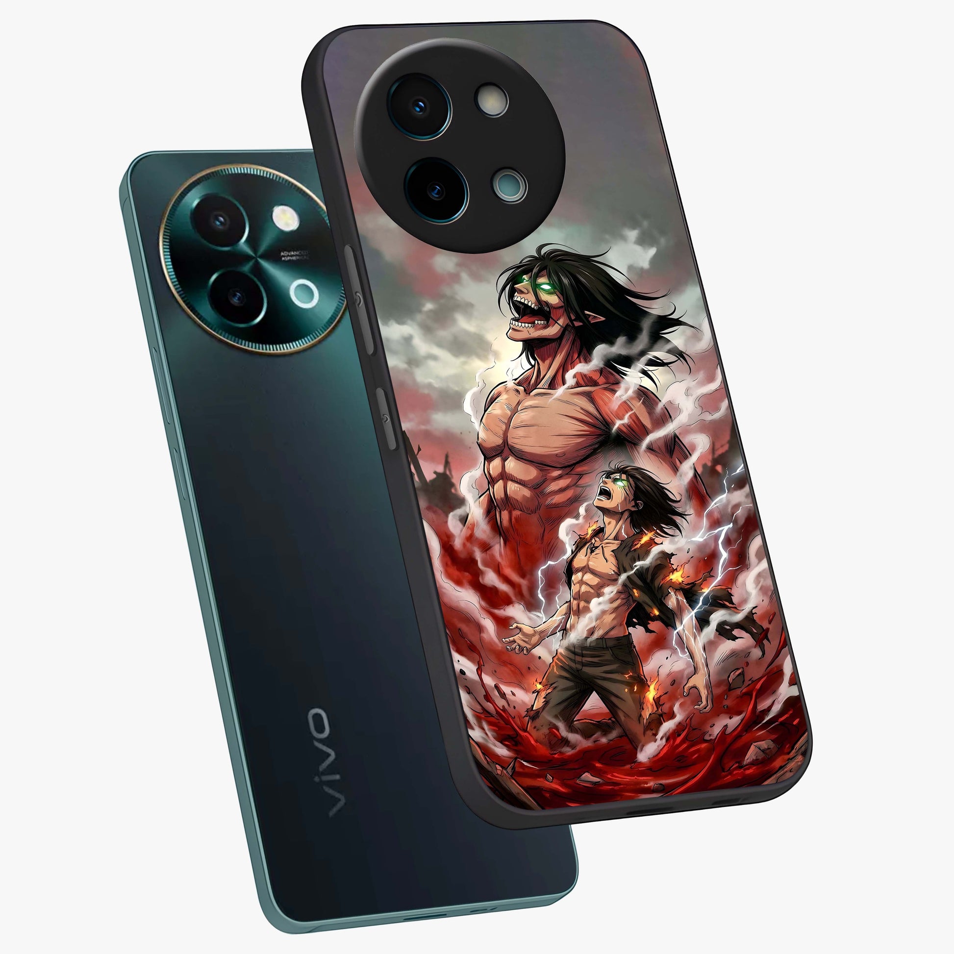 Titan Awakening Fury Glass Case displayed in angled mockup highlighting dramatic giant warrior design with bold anime aesthetic.
