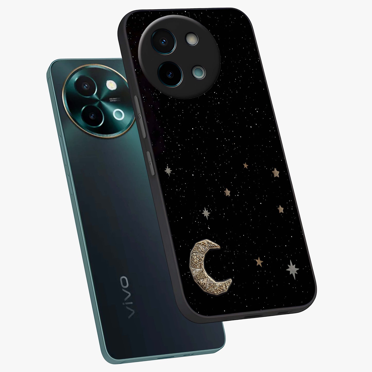 Twinkle Star With Half Moon Glass Case displayed in angled mockup highlighting celestial moon and star design with magical aesthetic.