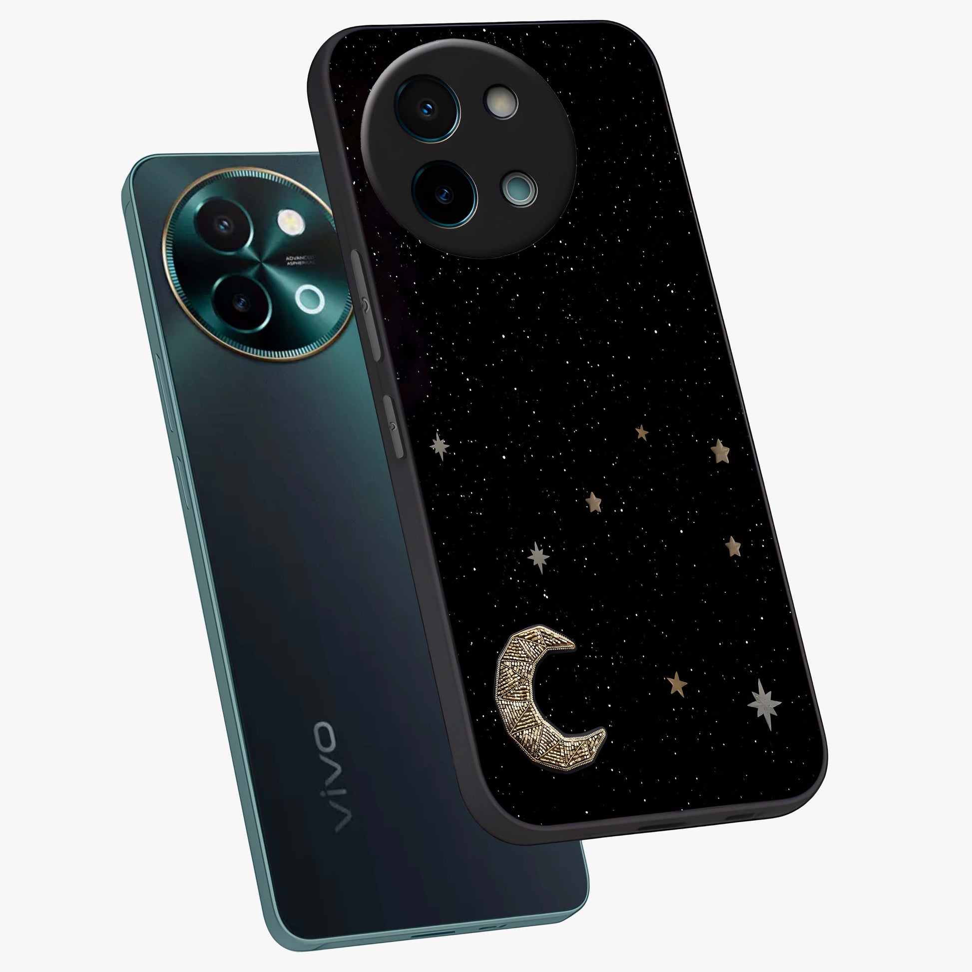 Twinkle Star With Half Moon Glass Case displayed in angled mockup highlighting celestial moon and star design with magical aesthetic.