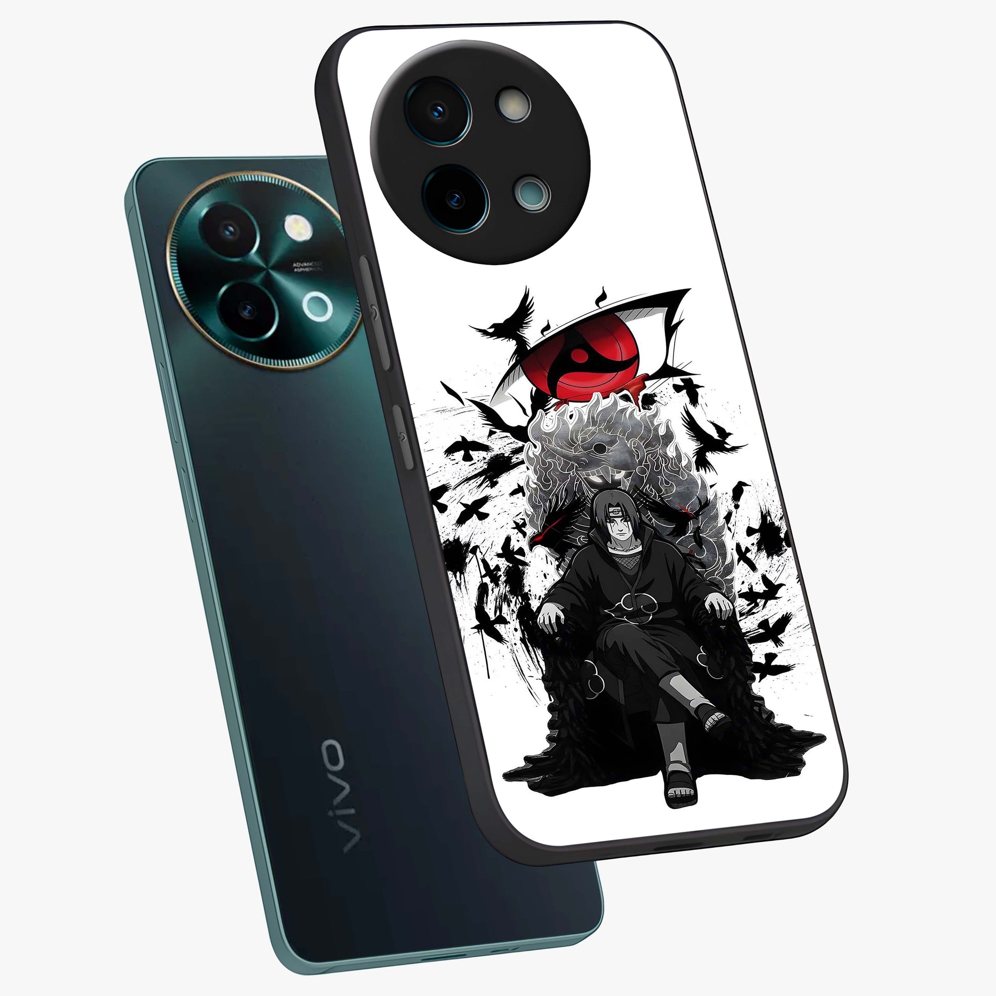 Uchiha Shadow Throne Glass Case displayed in angled mockup highlighting glowing aquatic design with celestial aesthetic.