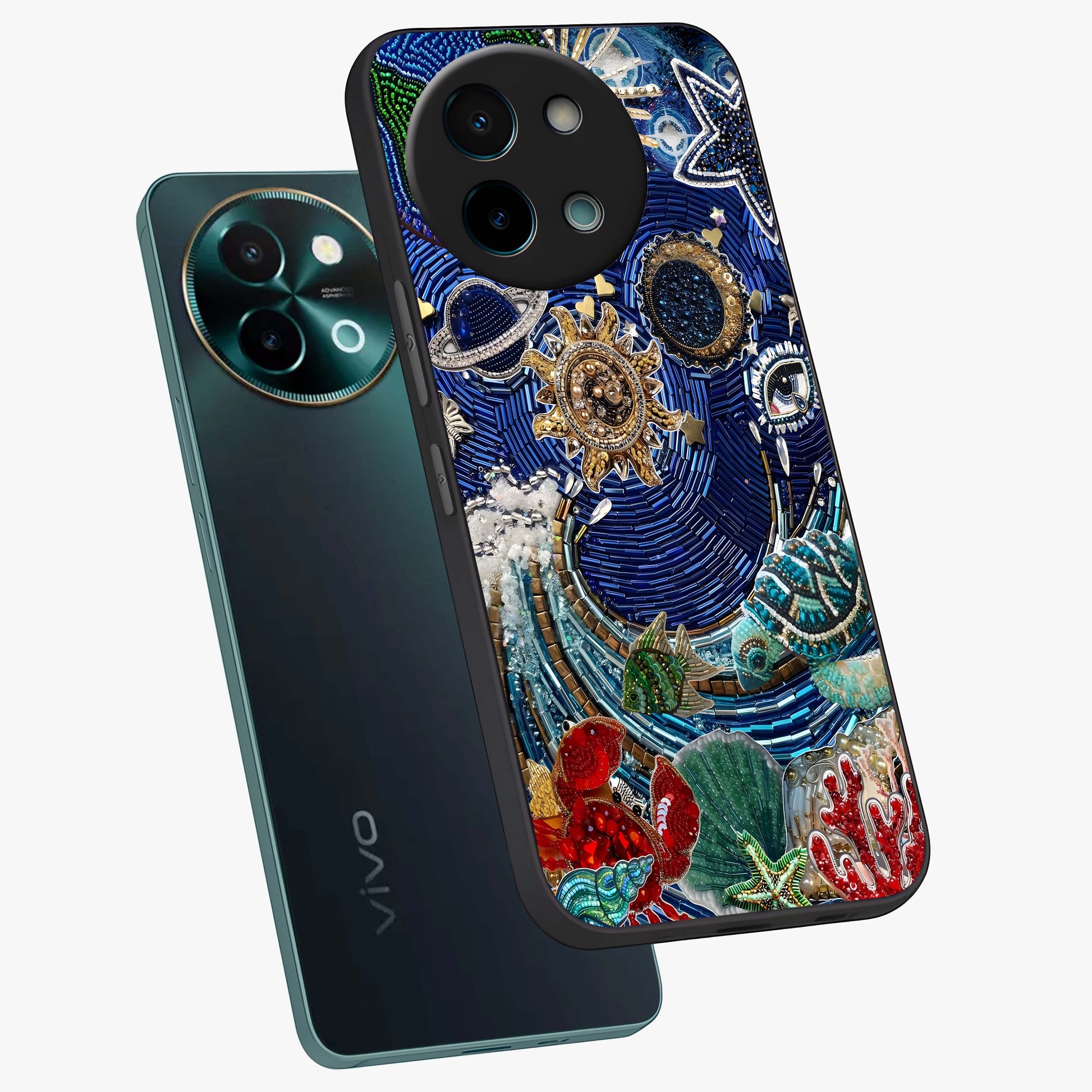 Universe Underwater Spark Glass Case displayed in angled mockup highlighting glowing aquatic design with celestial aesthetic.