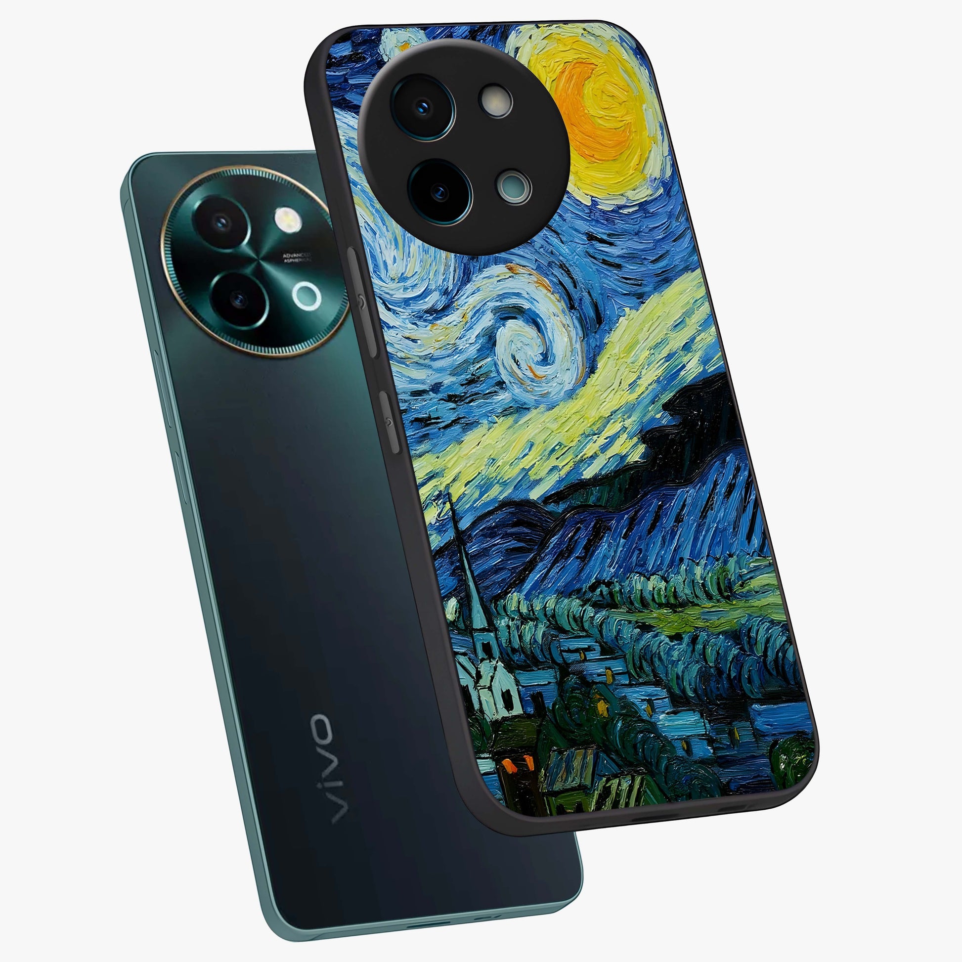 Van Gogh Art Glass Case displayed in angled mockup highlighting swirling brushstroke design with artistic aesthetic.