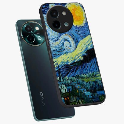Van Gogh Art Glass Case displayed in angled mockup highlighting swirling brushstroke design with artistic aesthetic.