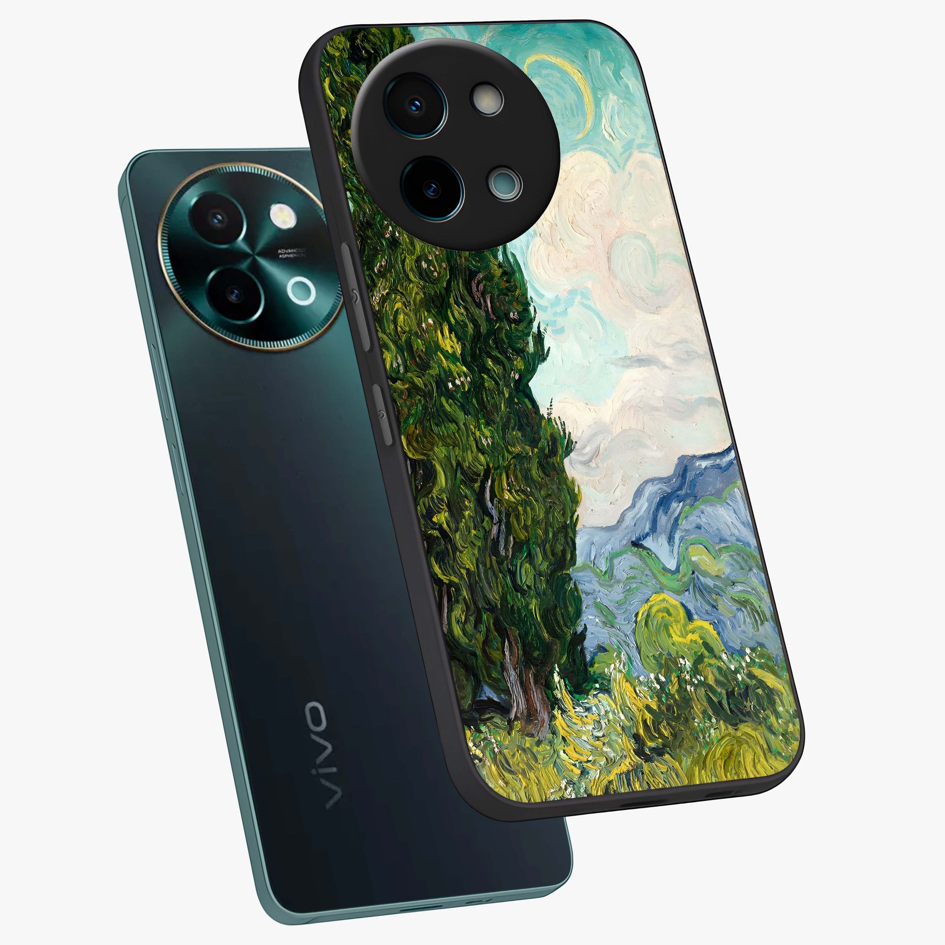 Van Gogh Vintage Art Glass Case displayed in angled mockup highlighting textured brushstroke design with classic aesthetic.