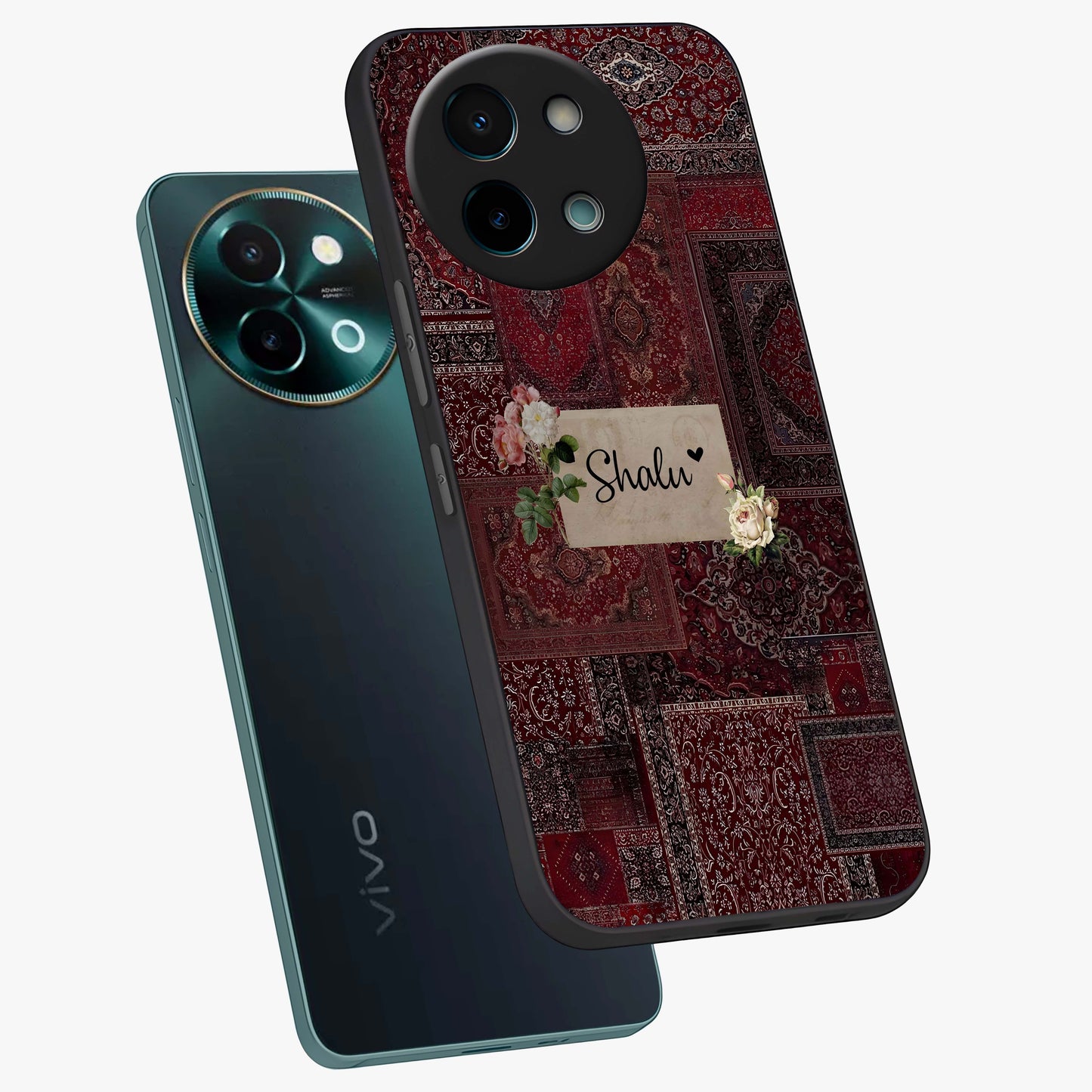 Velvet Wine Pattern Custom Name Glass Case displayed in angled mockup highlighting decorative velvet inspired design with custom name feature.