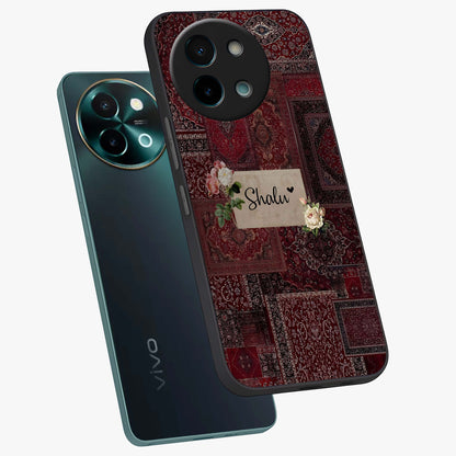 Velvet Wine Pattern Custom Name Glass Case displayed in angled mockup highlighting decorative velvet inspired design with custom name feature.