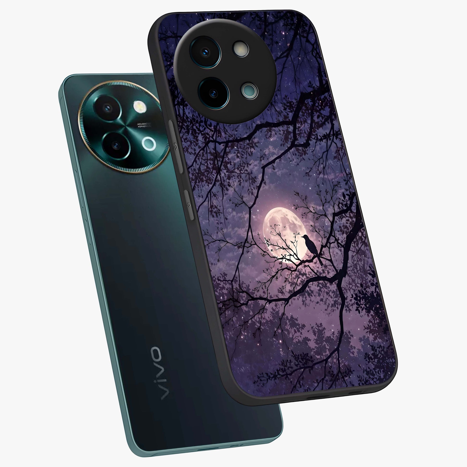 Whispering Moon Silence Glass Case displayed in angled mockup highlighting calm lunar design with dreamy night aesthetic.