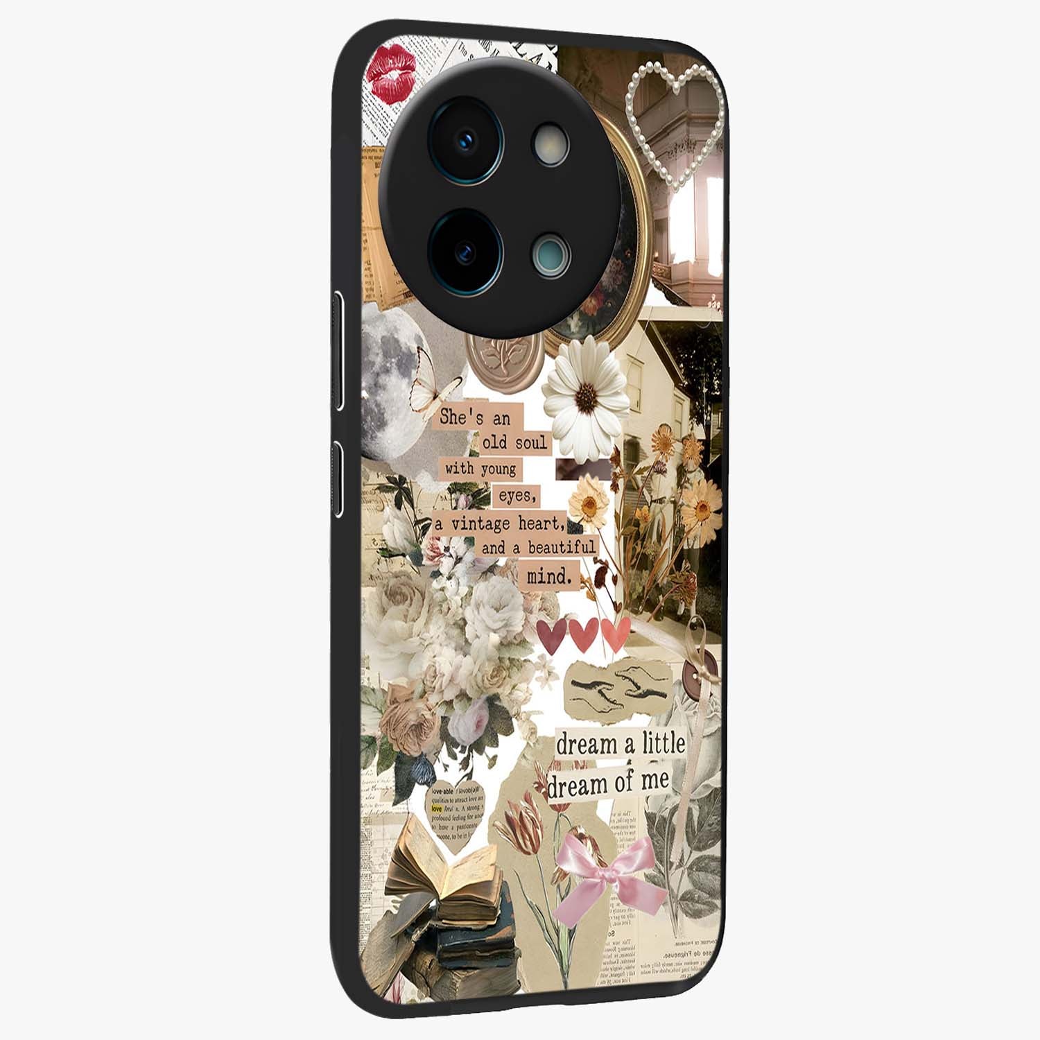 Aesthetic Brown Vintage Collage Glass Case upright view showcasing nostalgic retro artwork with stylish vintage theme.