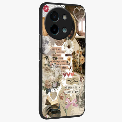 Aesthetic Brown Vintage Collage Glass Case upright view showcasing nostalgic retro artwork with stylish vintage theme.