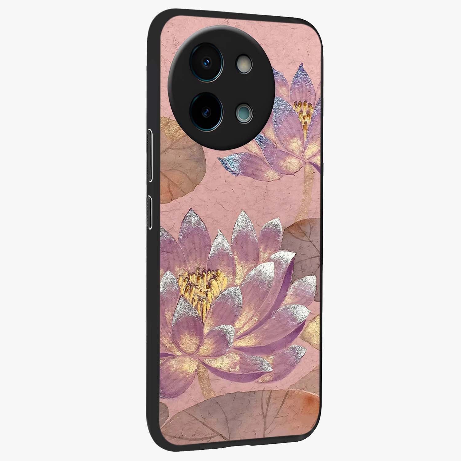 Blossom Mist Lotus Glass Case upright view showcasing graceful lotus flower design with peaceful botanical style.