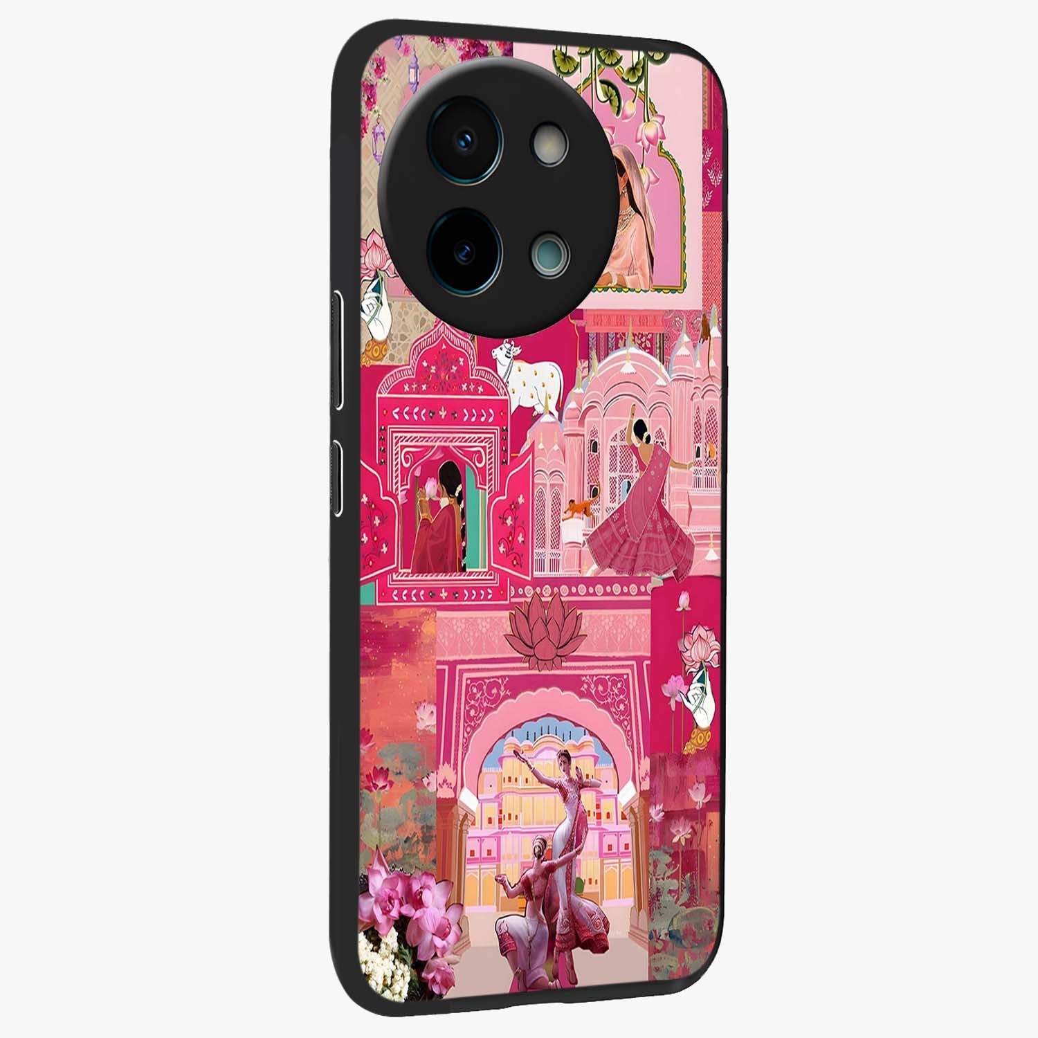 Blossoms of Rajasthan Glass Case upright view showcasing colorful floral design inspired by traditional Indian art.