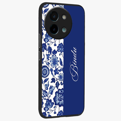 Blue Vintage Floral Pattern Glass Case upright view showcasing delicate blush floral texture with modern minimal style.