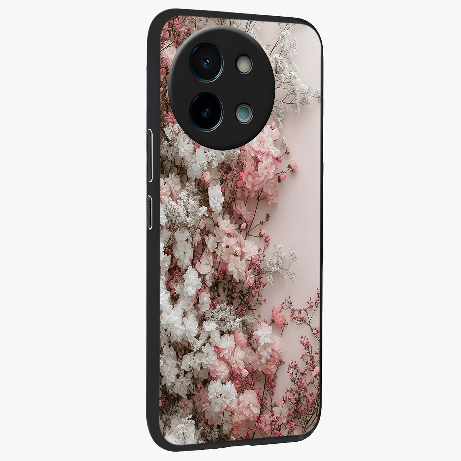 Blush Blossom Cloud Glass Case upright view showcasing calm floral cloud artwork with gentle dreamy theme.