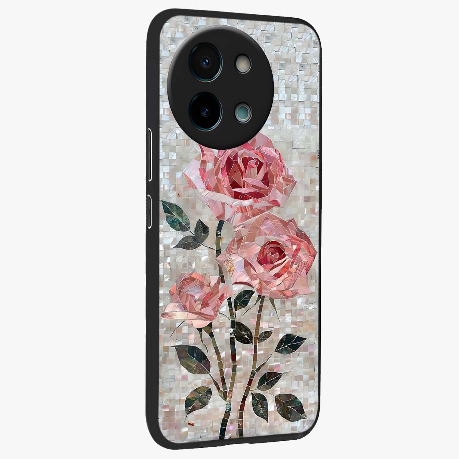 Blush Mosaic Bloom Glass Case upright view showcasing decorative floral mosaic artwork with stylish modern aesthetic.