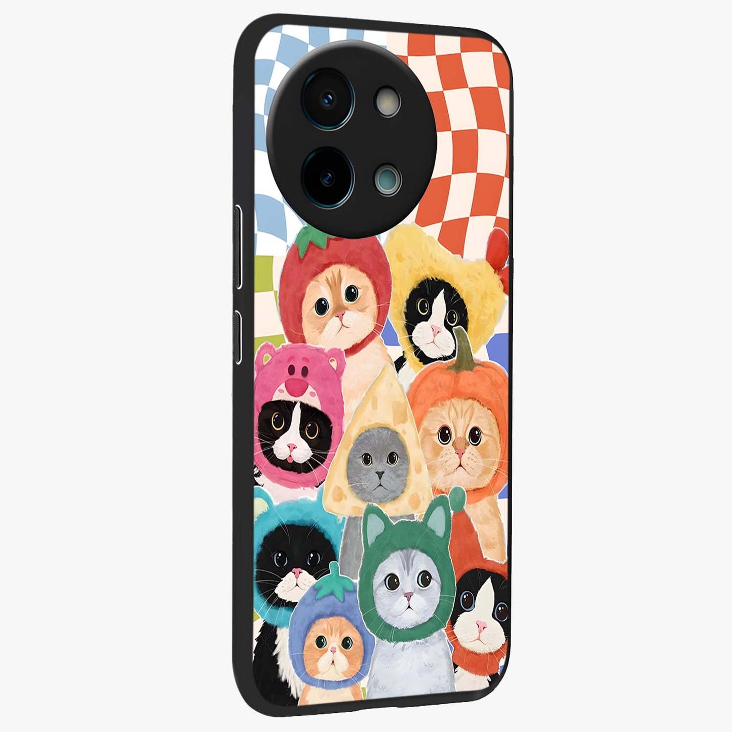 Cats in Fruits Glass Case upright view showcasing charming cat artwork with fun fruity theme.