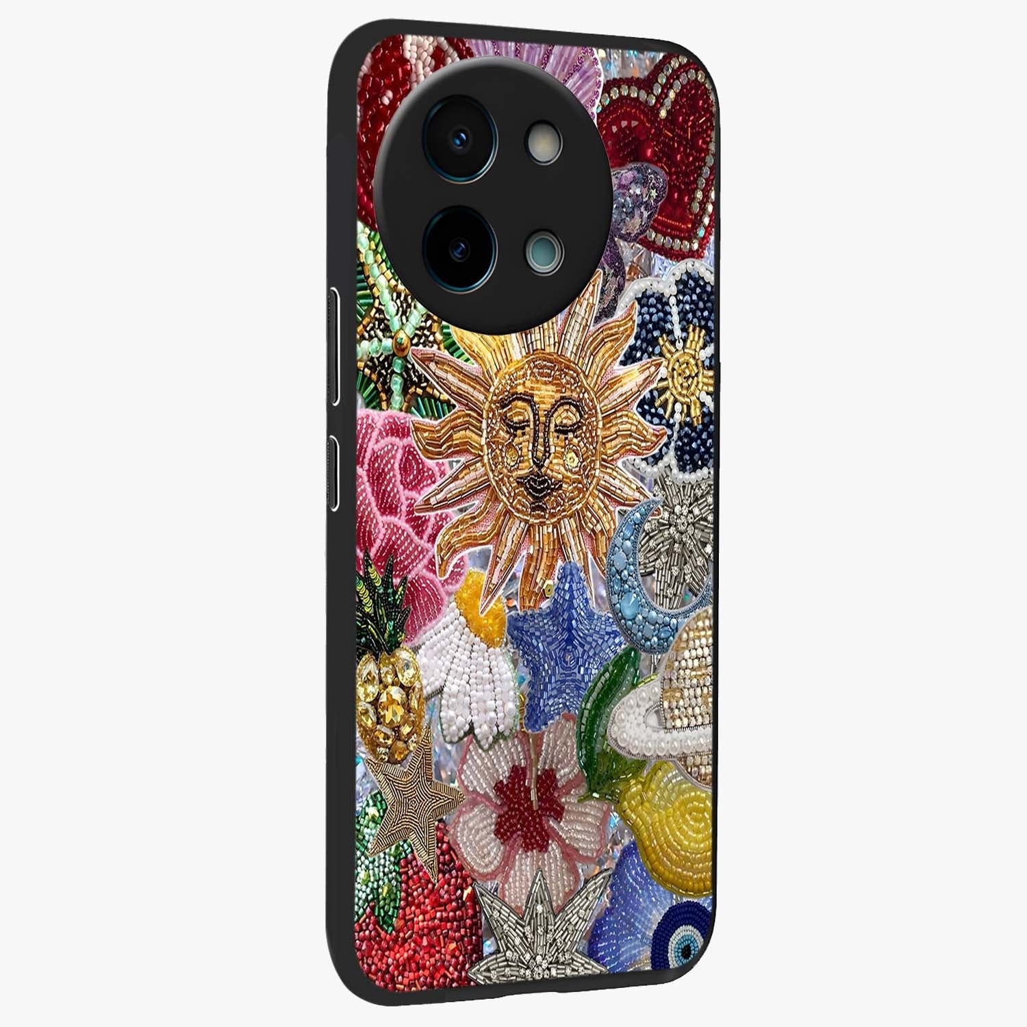 Celestial Floral and Playful Glass Case upright view showcasing whimsical floral artwork with cosmic aesthetic theme.