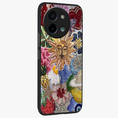 Celestial Floral and Playful Glass Case upright view showcasing whimsical floral artwork with cosmic aesthetic theme.