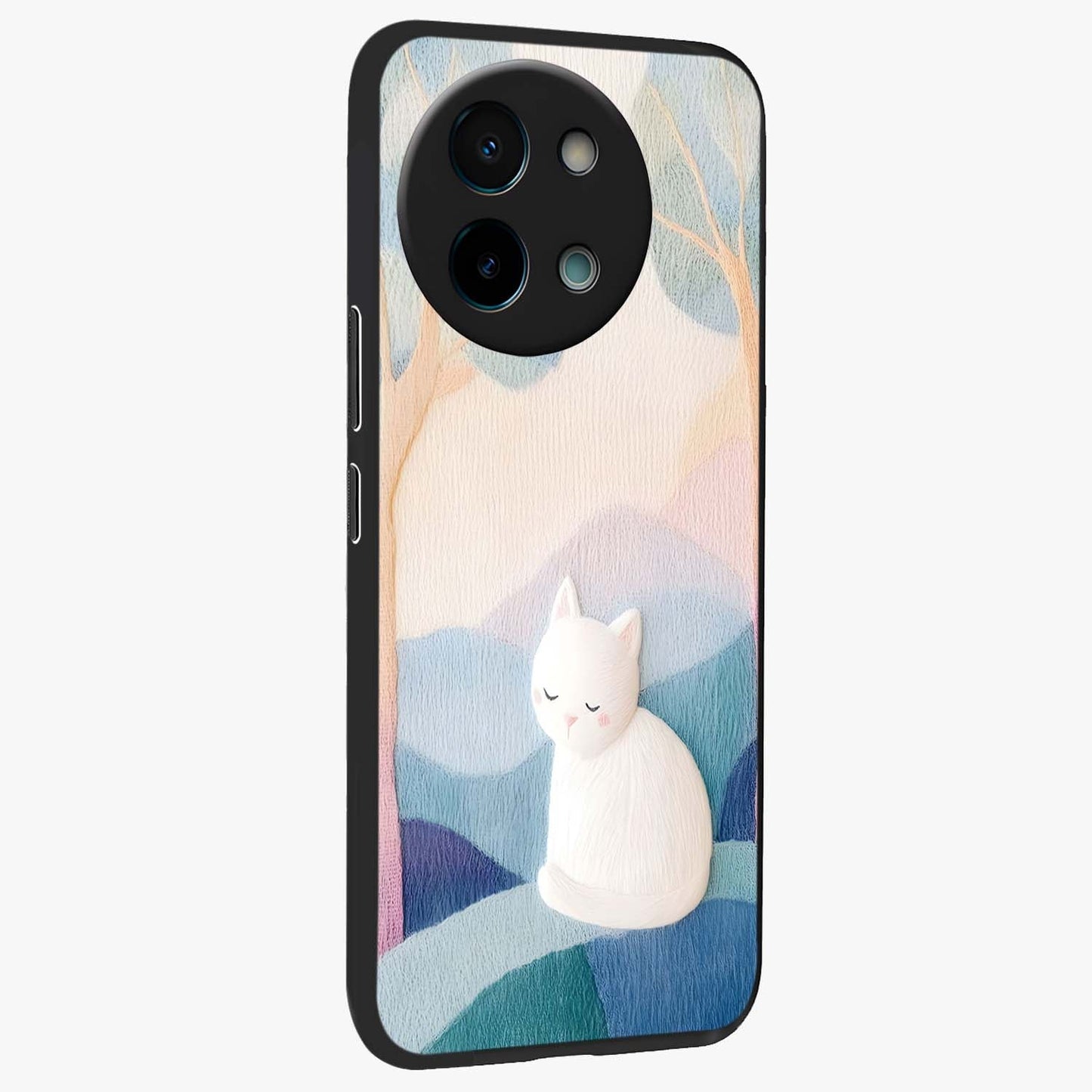 Cotton Dream Cat Glass Case upright view showcasing charming cat artwork with cozy dreamy theme.