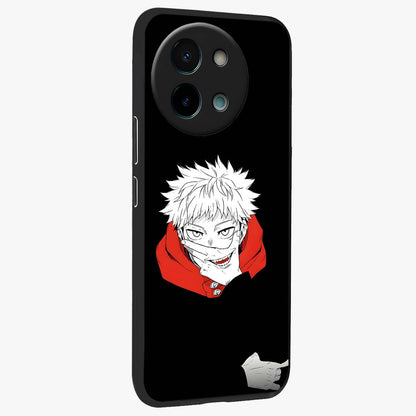 Crimson Chaos Smile Glass Case upright view showcasing expressive chaotic artwork with striking visual theme.