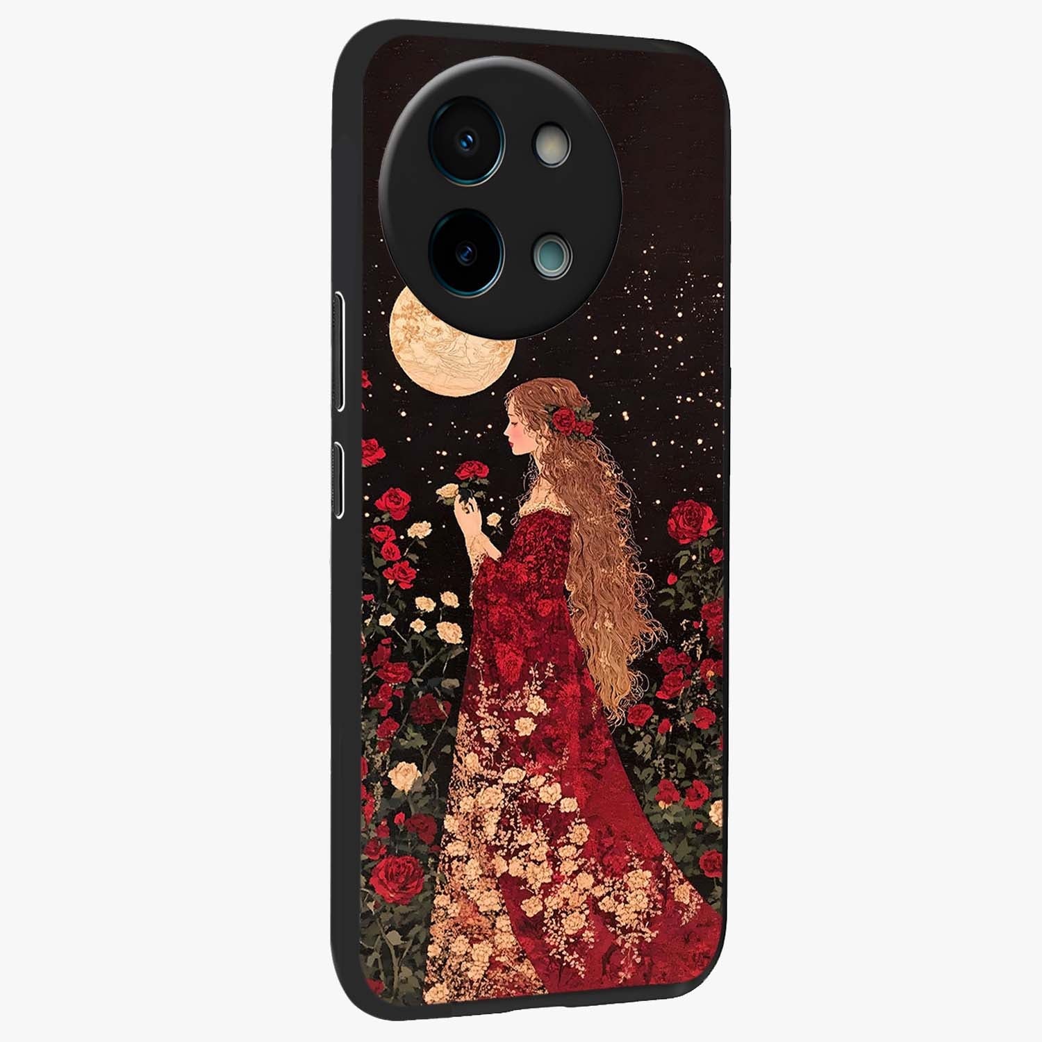 Crimson Dreams Glass Case upright view showcasing dreamy red toned artwork with modern aesthetic style.