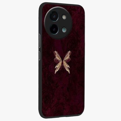 Crimson Fade Butterfly Glass Case upright view showcasing graceful butterfly artwork with soft crimson fade effect.