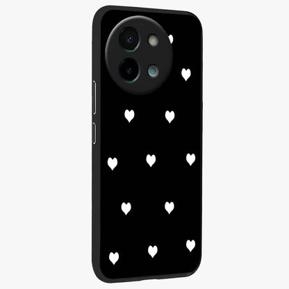 Cute And Simple White Hearts Glass Case upright view showcasing simple white hearts artwork with soft minimal theme.