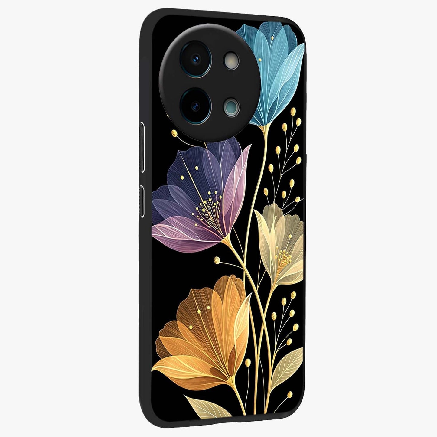 Delicate Multicolor Flowers Glass Case upright view showcasing delicate floral artwork with bright botanical theme.