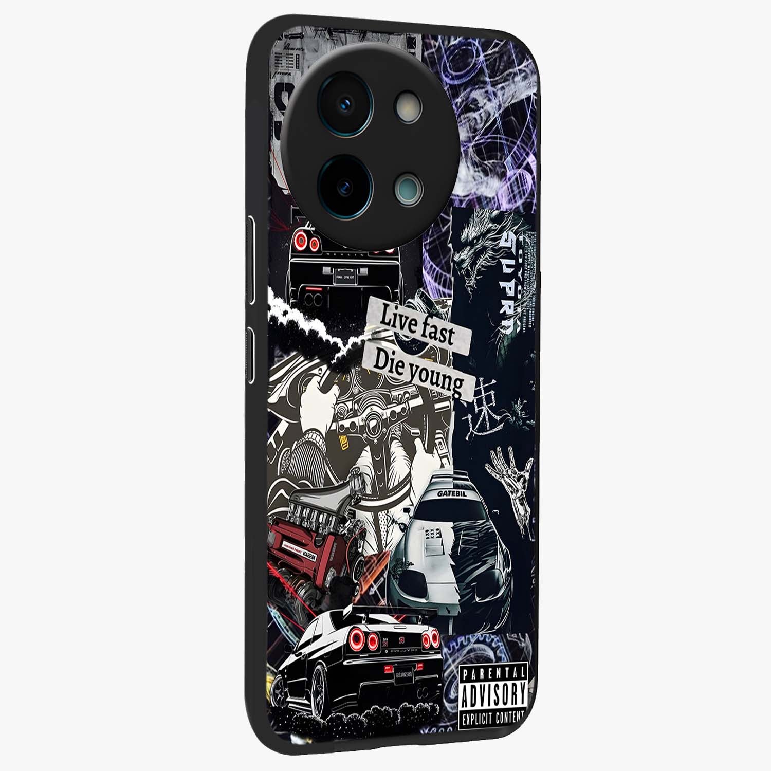 Die Young Glass Case upright view showcasing striking typography artwork with modern statement theme.