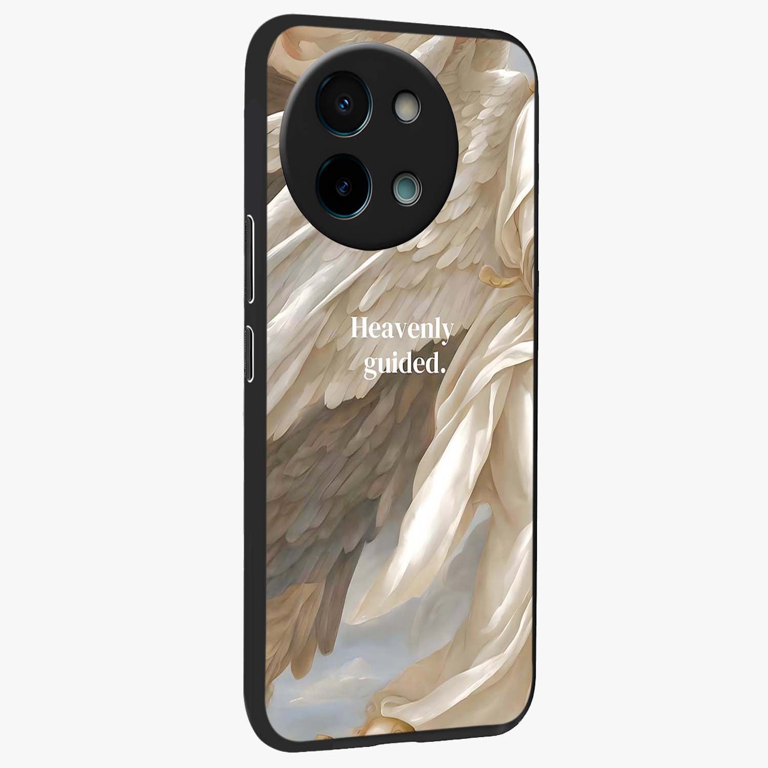 Divine Winged Grace Glass Case upright view showcasing spiritual wing artwork with soft celestial theme.