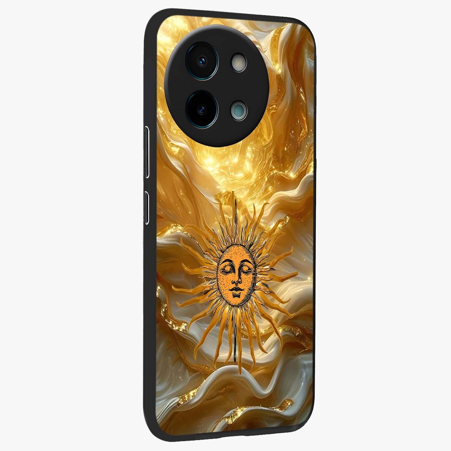 Eternal Golden Glow Glass Case upright view showcasing luminous golden artwork with luxurious visual theme.