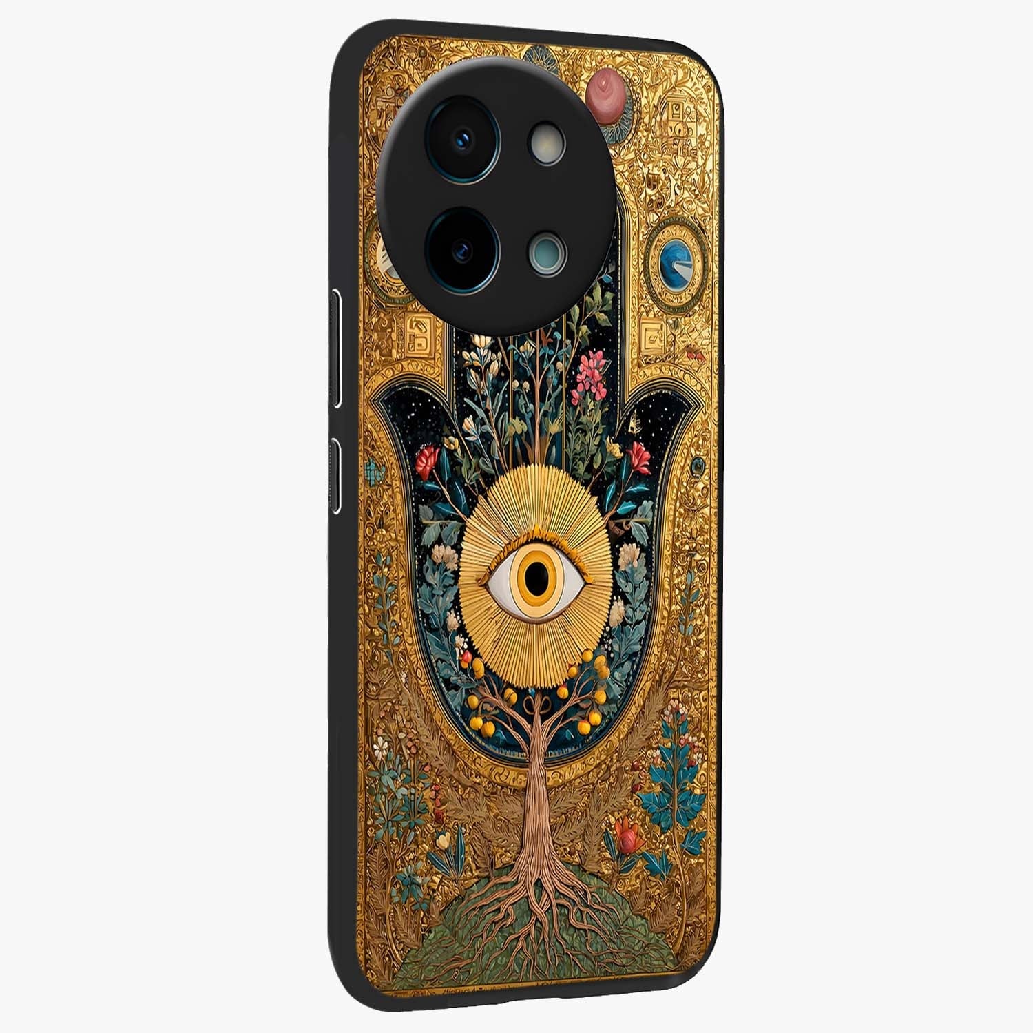 Ethereal Evil Eye Glass Case upright view showcasing celestial evil eye artwork with mystical theme.