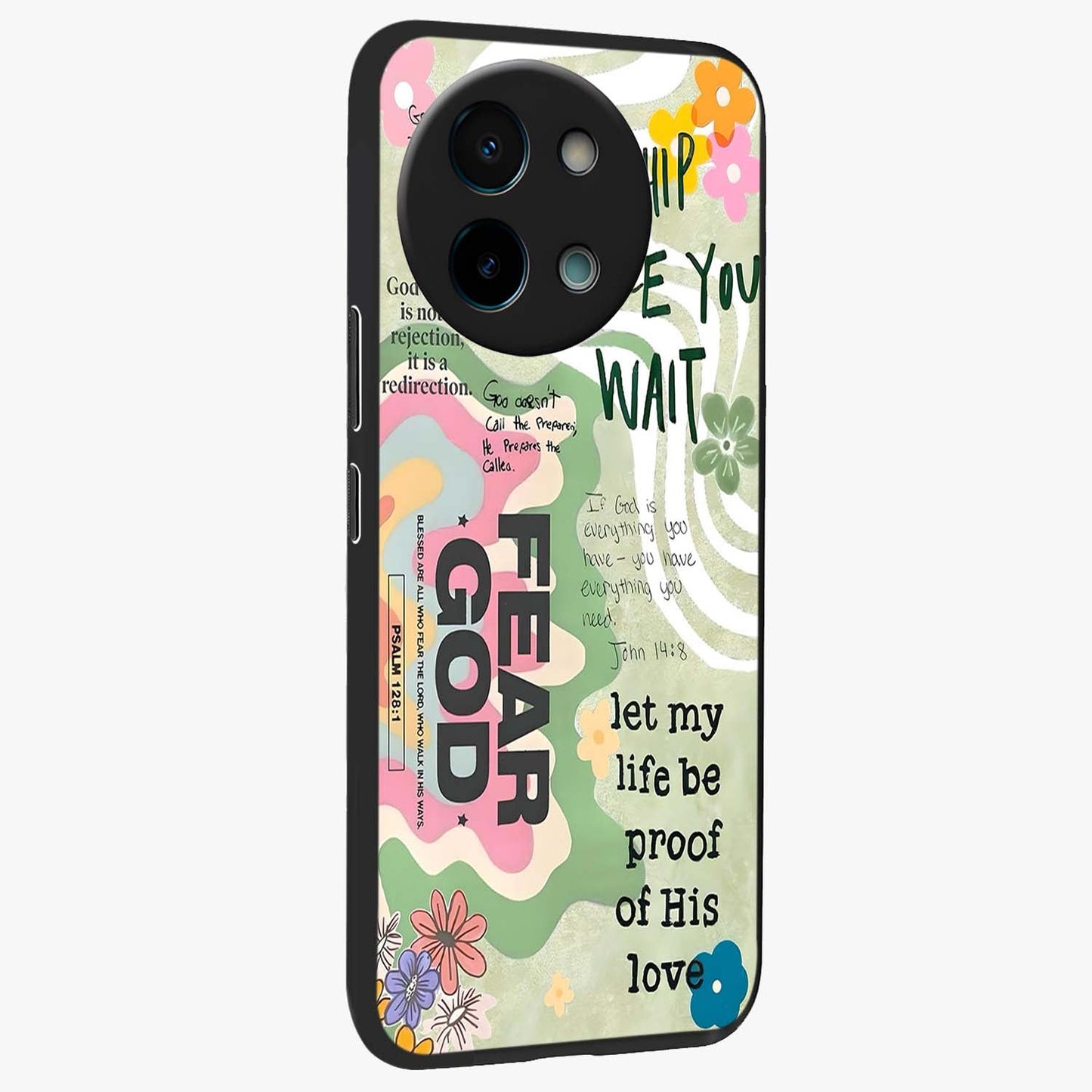 Faith Over Fear Glass Case upright view showcasing bold typography artwork with uplifting motivational theme.