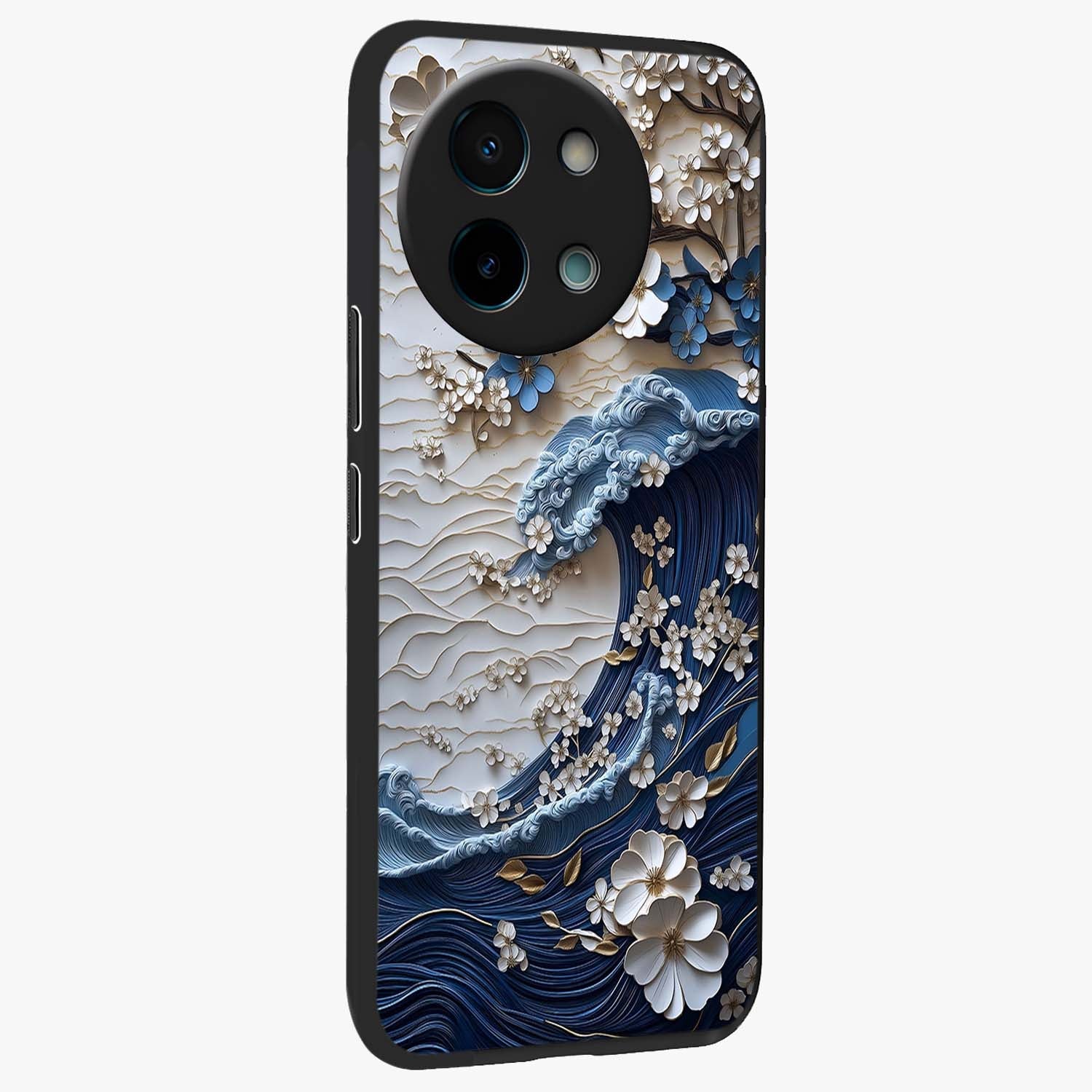 Floral Wave Origami Glass Case upright view showcasing creative floral origami artwork with artistic decorative theme.