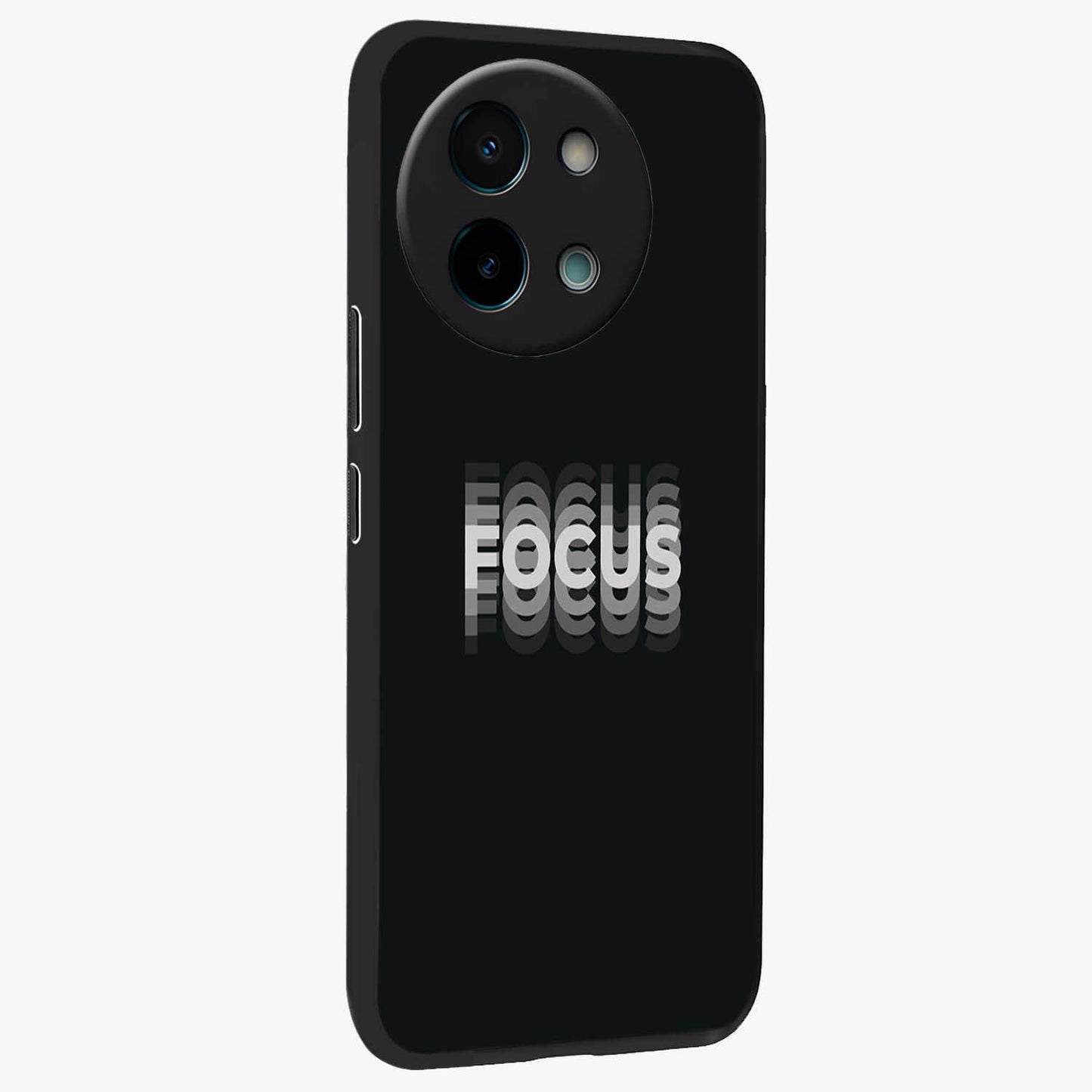 Focus Mode On Glass Case upright view showcasing strong typography statement with sleek motivational theme.