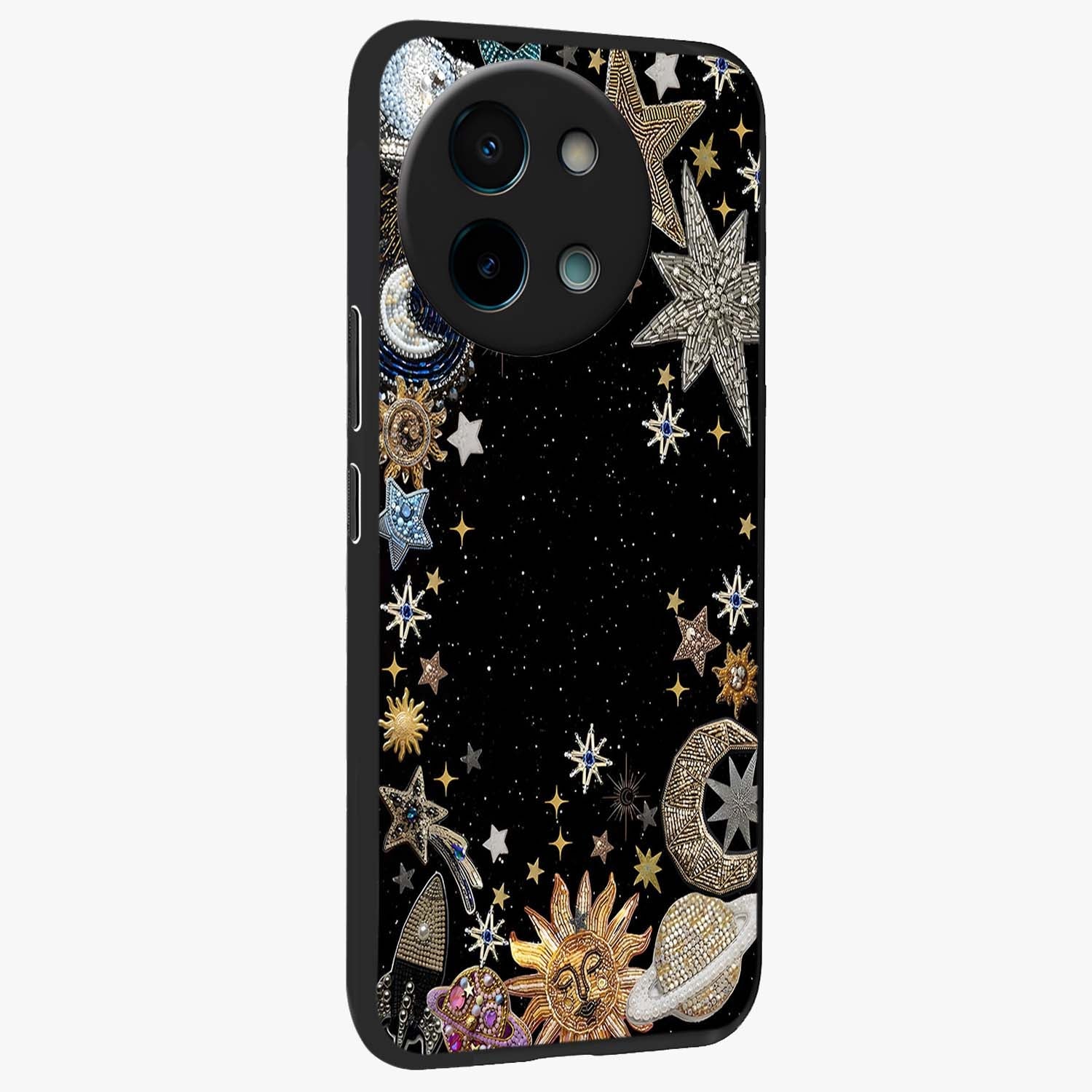Galactic Jewel Stars Glass Case upright view showcasing glittering star jewel artwork with vibrant galaxy theme.