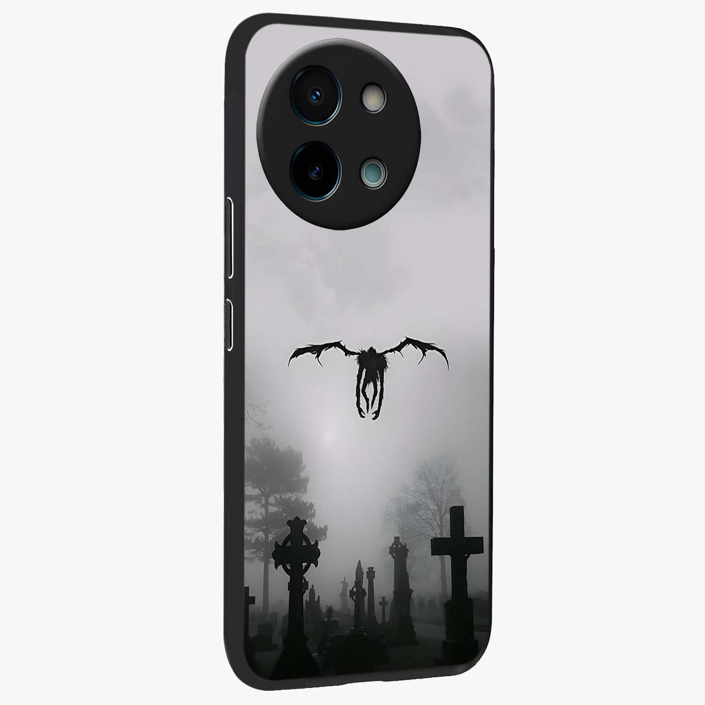 Graveyard Shadow Descent Glass Case upright view showcasing haunting graveyard artwork with dramatic dark theme.
