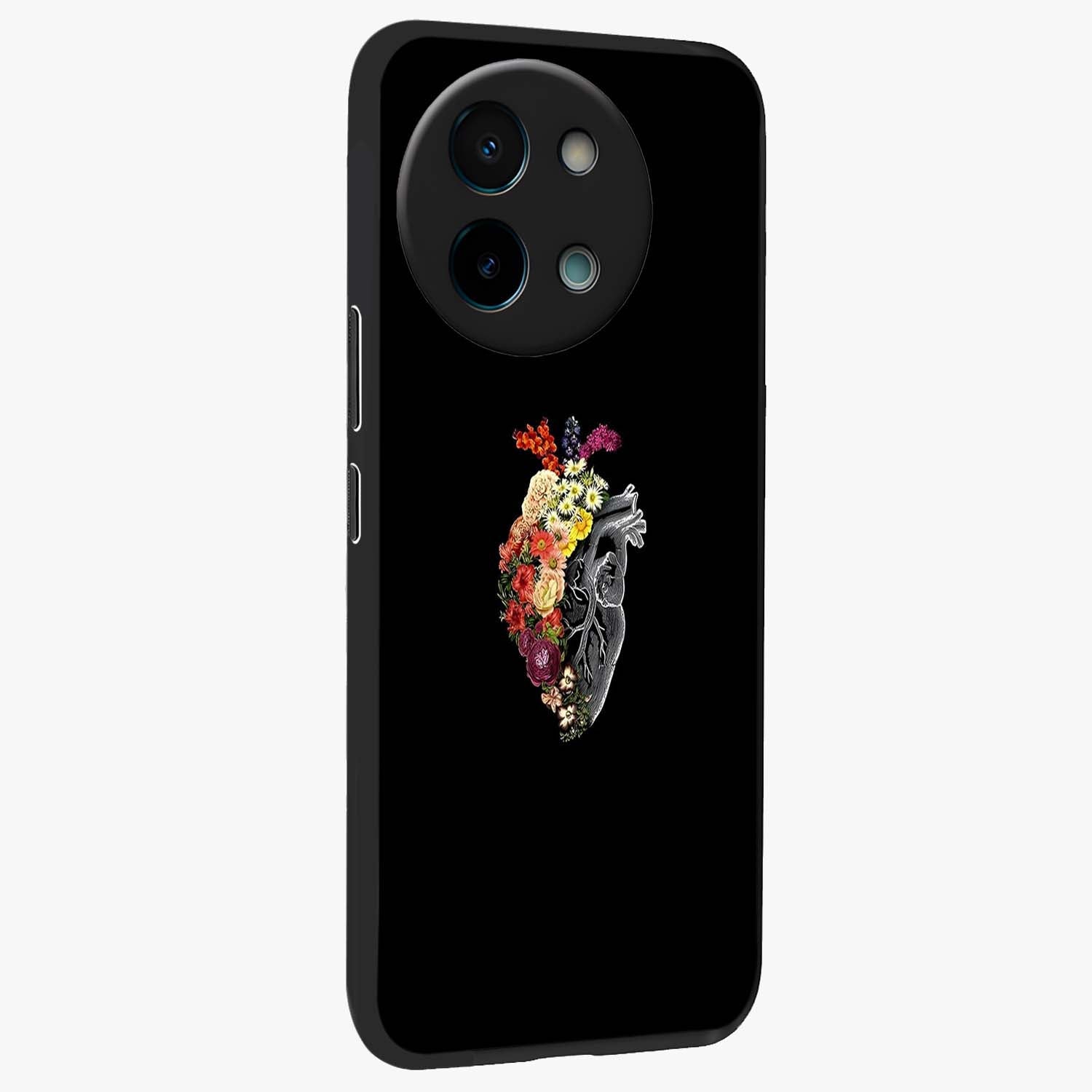 Heart With Flowers Glass Case upright view showcasing decorative heart and floral artwork with sweet romantic theme.