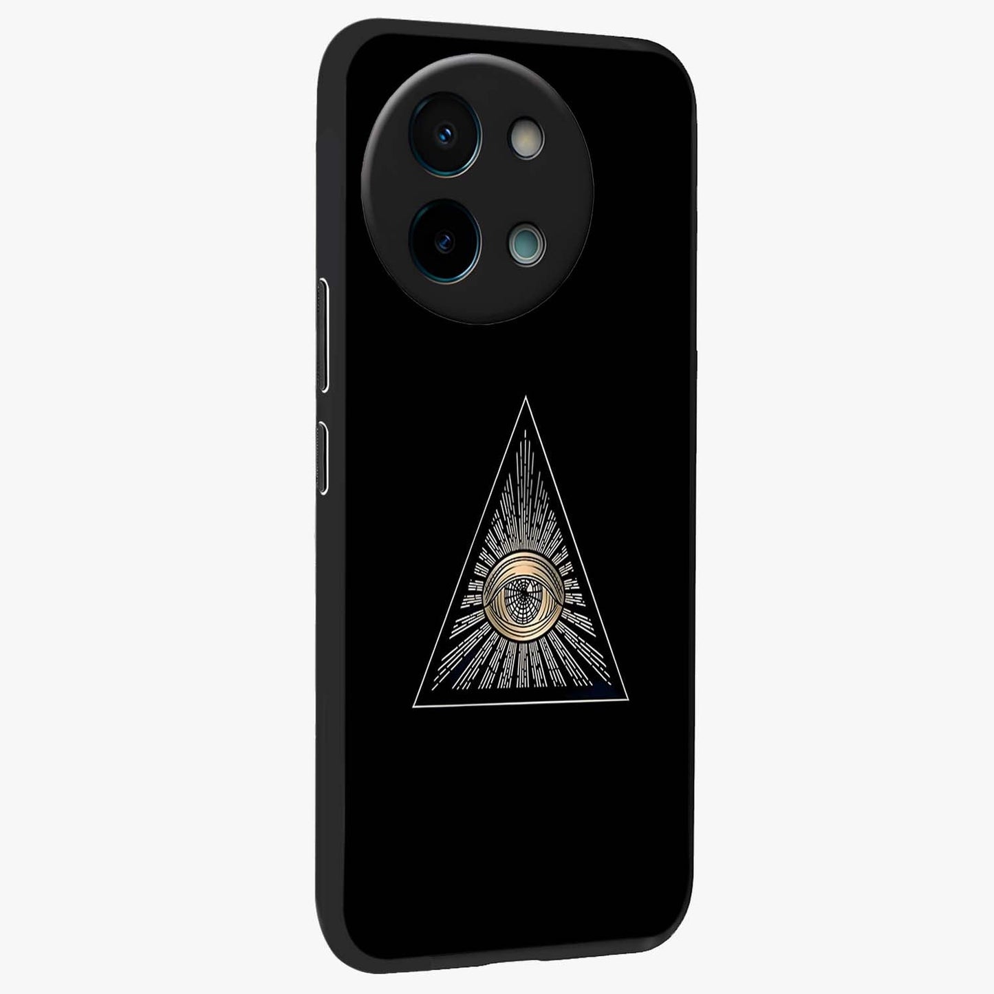Illuminati Evil Glass Case upright view showcasing striking illuminati artwork with mysterious symbolic theme.