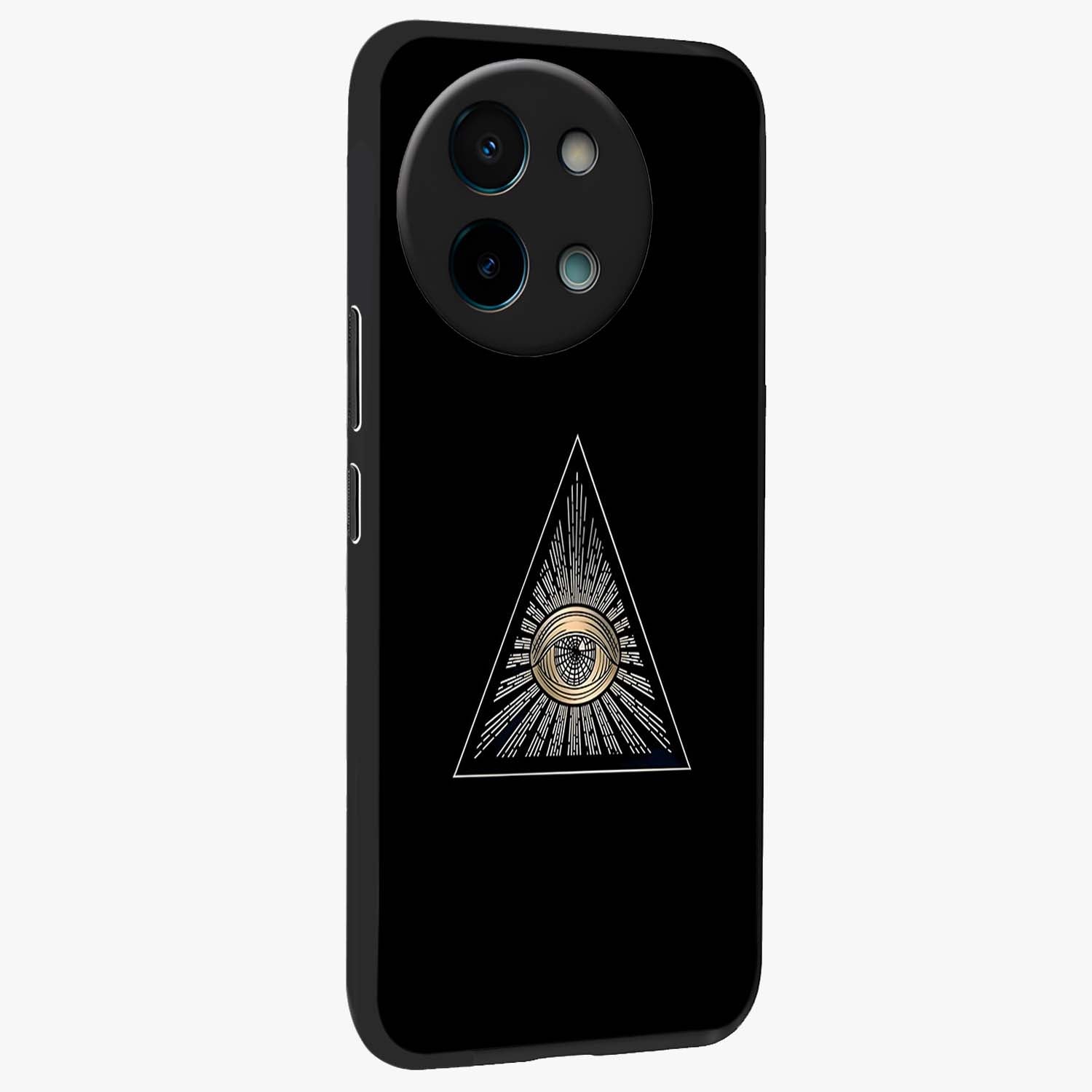 Illuminati Evil Glass Case upright view showcasing striking illuminati artwork with mysterious symbolic theme.